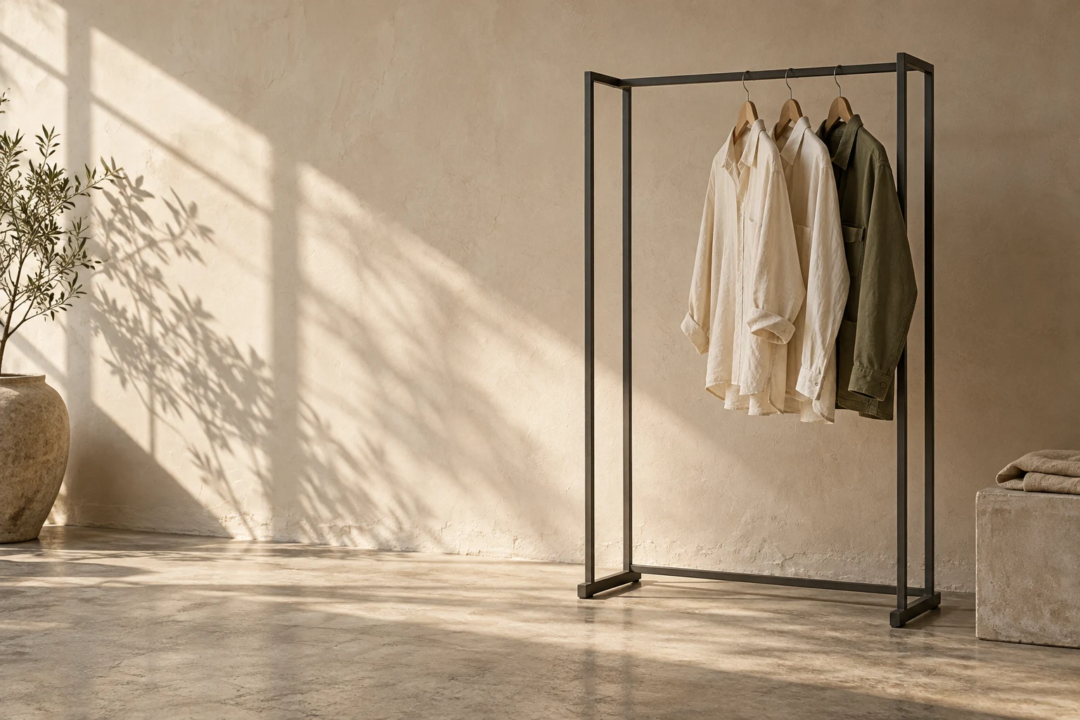 A calm interior with an open garment rail